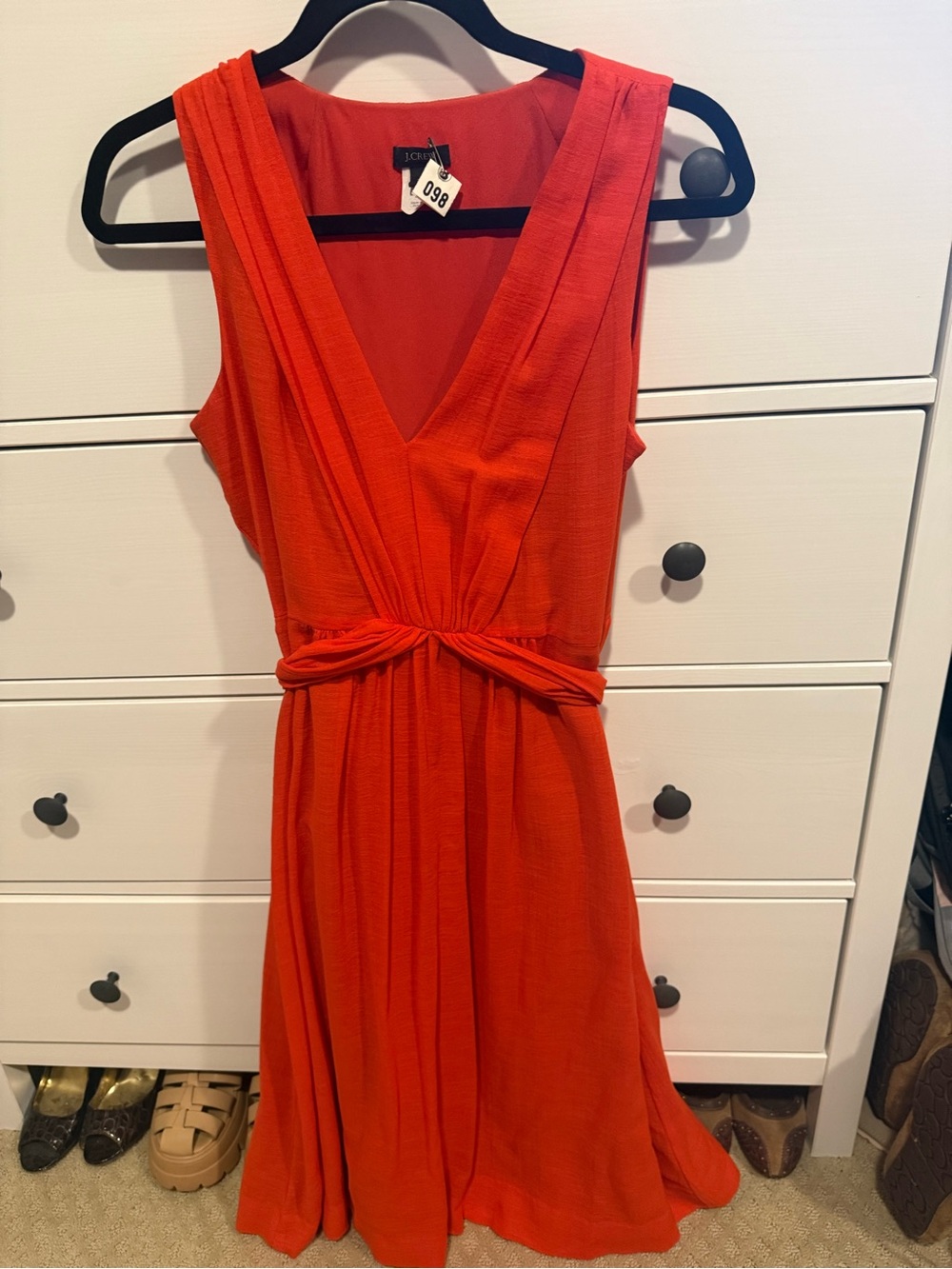 J. Crew Vibrant Orange Sleeveless V-Neck Tie-Waist Midi Dress